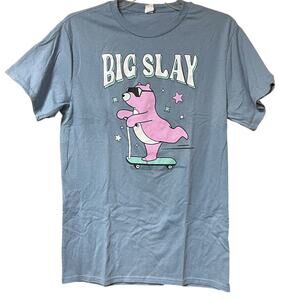 Big Slay Bear Graphic T-Shirt Blue Short Sleeve Unisex Medium Streetwear